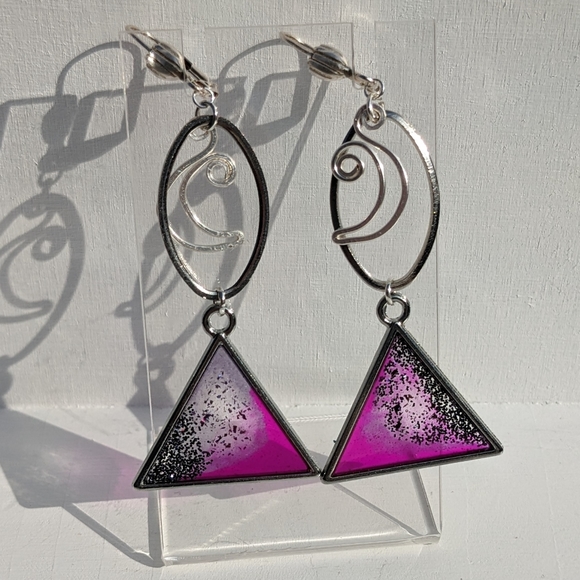 Silver Moon Purple Triangle Earrings Witchy Magic Sparkly Handmade Lever Back - Picture 5 of 7